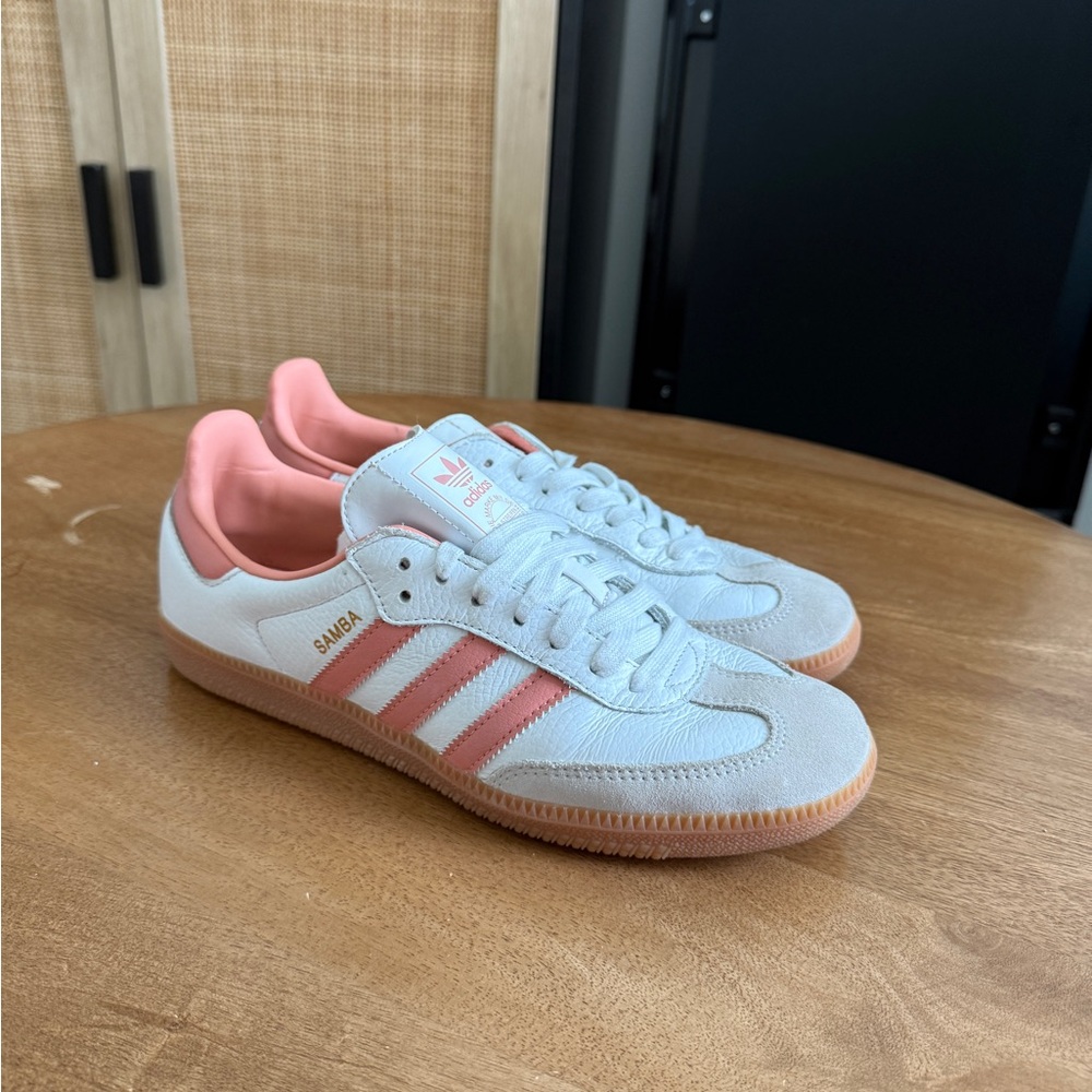 NWOT Adidas Samba White and Coral Sneakers